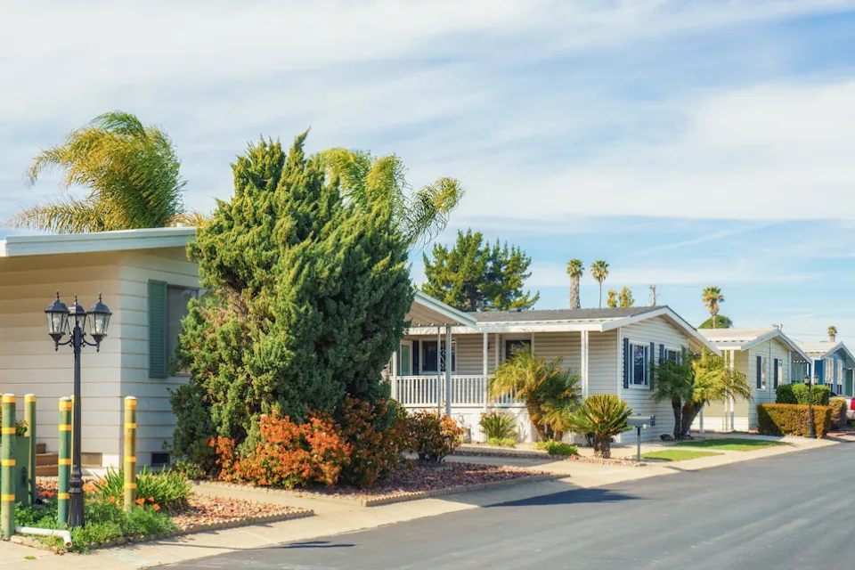 Row of mobile homes in 55+ community in Oceano, California.